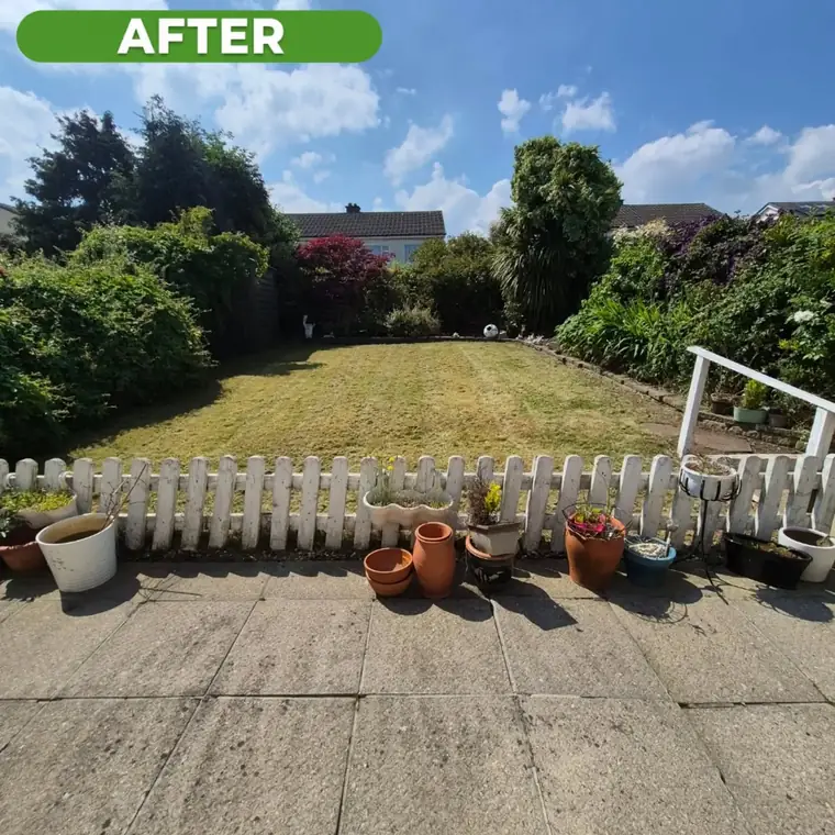 The same lawn after cutting, grass short and edges strimmed.