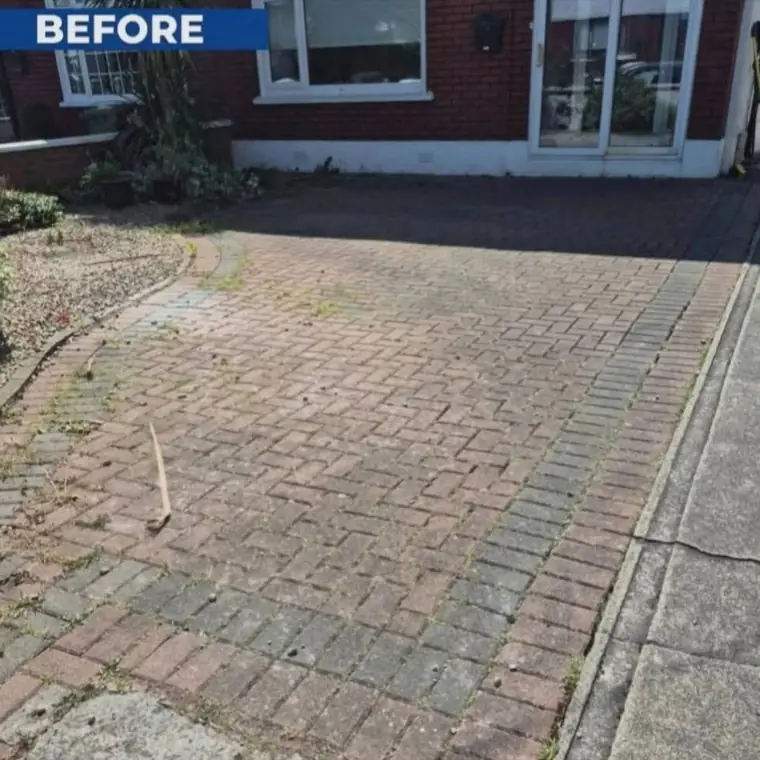 Brick driveway and path before cleaning, faded and stained.